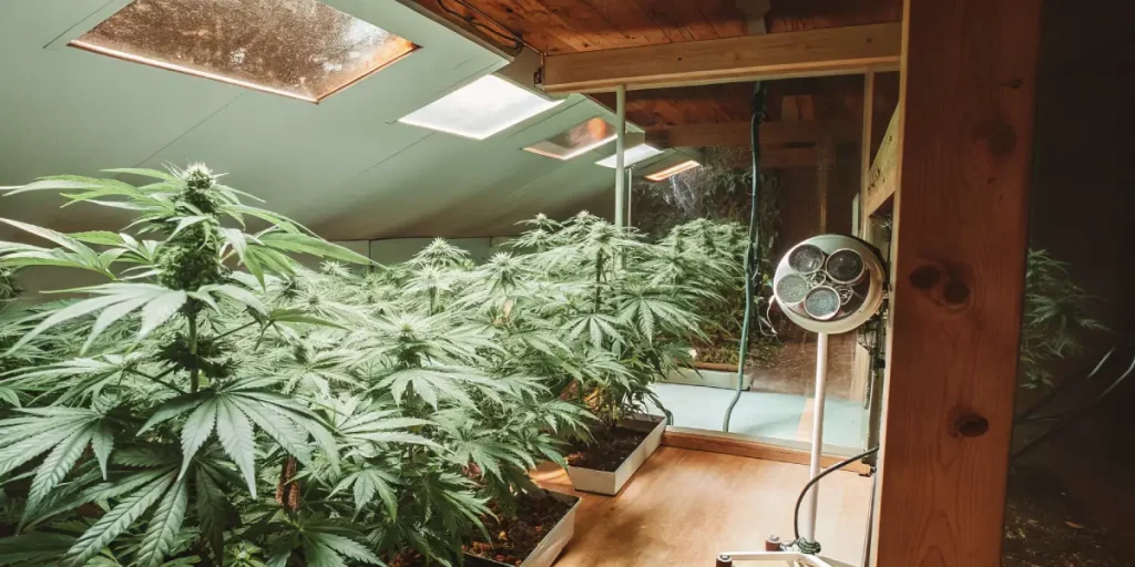 culture de cannabis dans un grenier avec lampes LED et lumière naturelle venant du toit.
