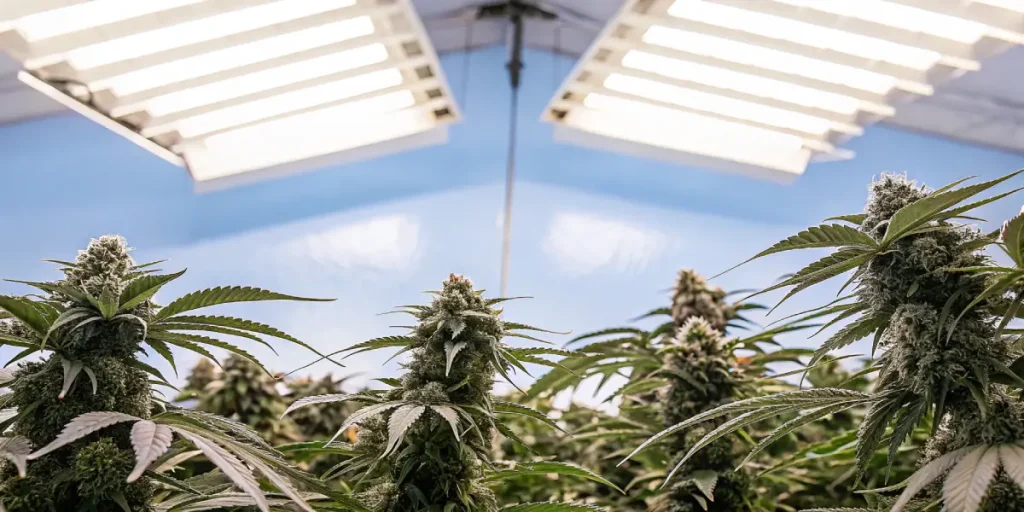 plantes de cannabis en floraison sous des lampes LED blanches dans une chambre de culture.