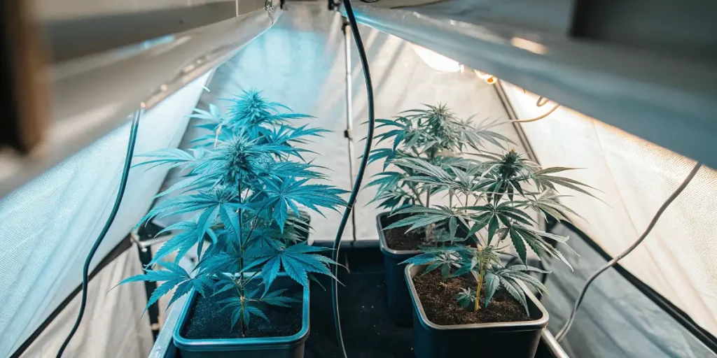 culture intérieure de Blue Fruit Autoflower sous lumière LED bleue.