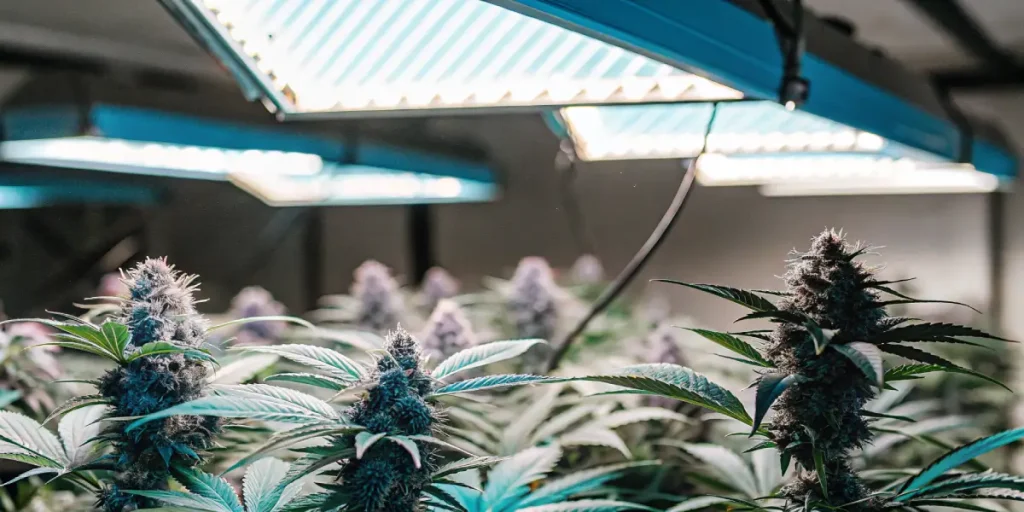 culture intérieure de cannabis avec lampes LED bleues éclairant des plantes en pleine floraison.