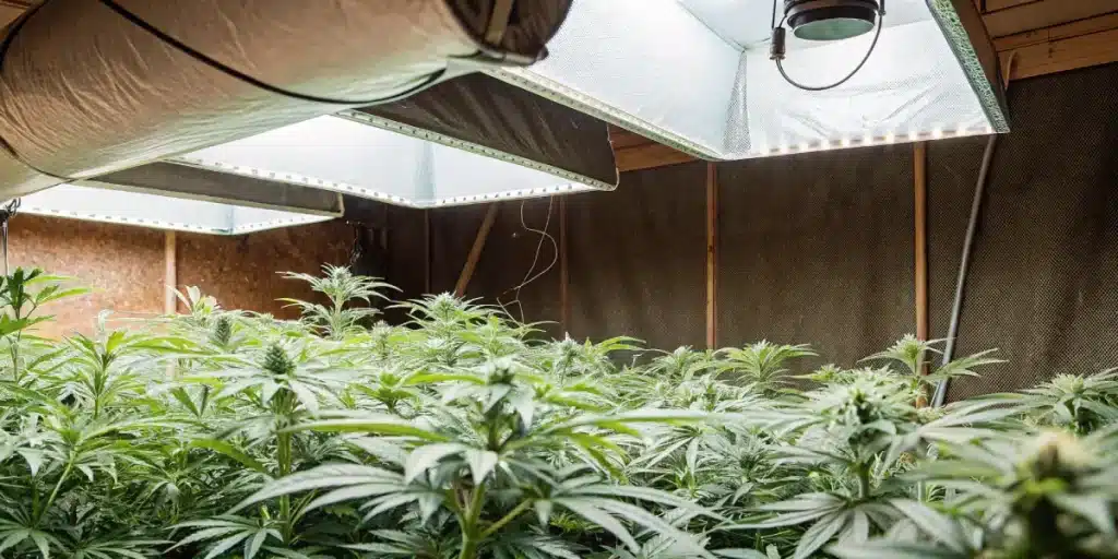 plantes de cannabis en intérieur sous des lampes LED et un système de ventilation performant.