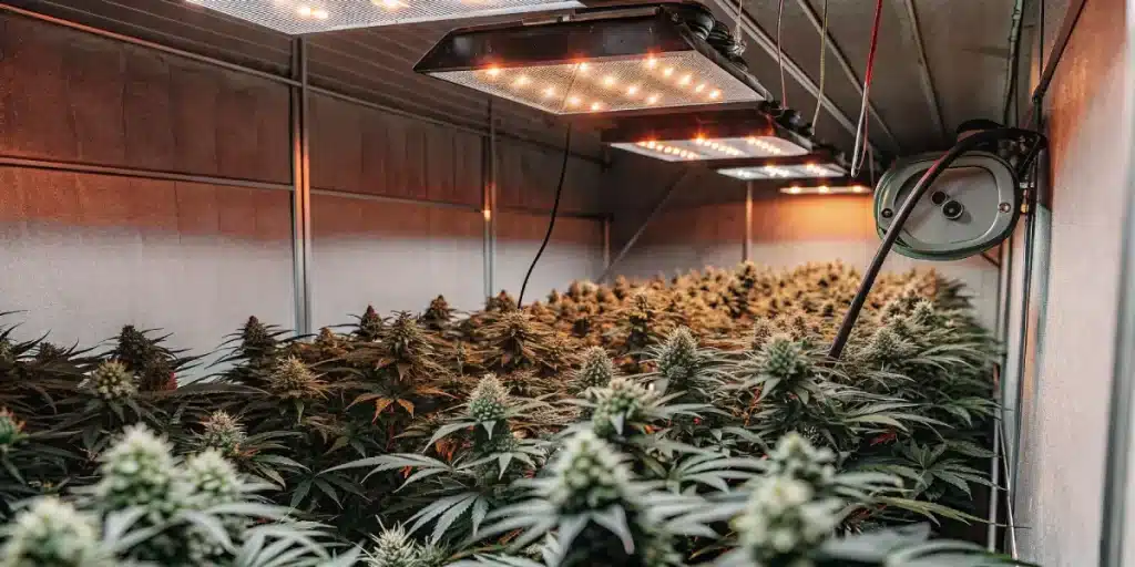 Culture intérieure de cannabis avec rangées sous lampes LED.