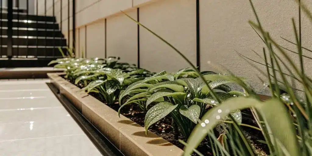 Jardin moderne avec plantes résistantes à la sécheresse après arrosage.