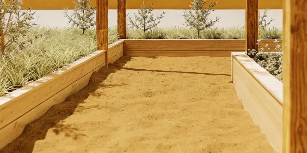 Empty raised garden bed with fertile soil prepared for cannabis growing outdoors.