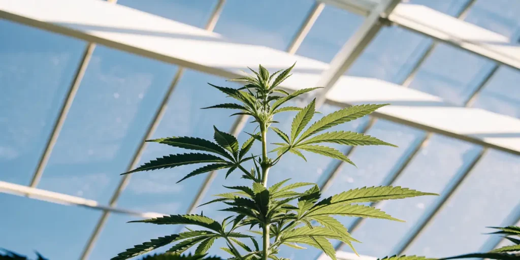 Gros plan hyperréaliste d’une feuille de cannabis en serre éclairée par une lumière naturelle douce.