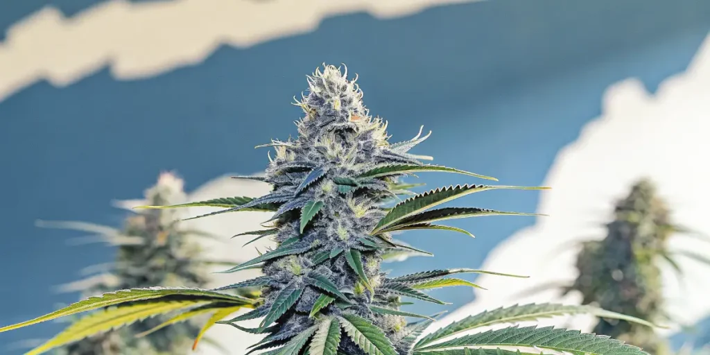 Cannabis bud covered in frosty trichomes with a sky background.