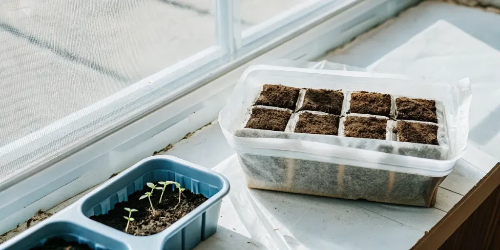 Germination de cannabis en petits bacs plastiques près d’une fenêtre.