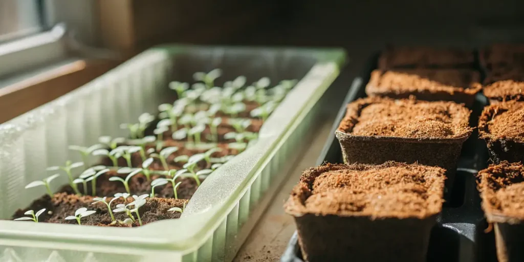 Germination de cannabis avec jeunes pousses vertes en plateau.