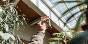 Main levant un sachet transparent rempli de graines de cannabis dans une serre lumineuse