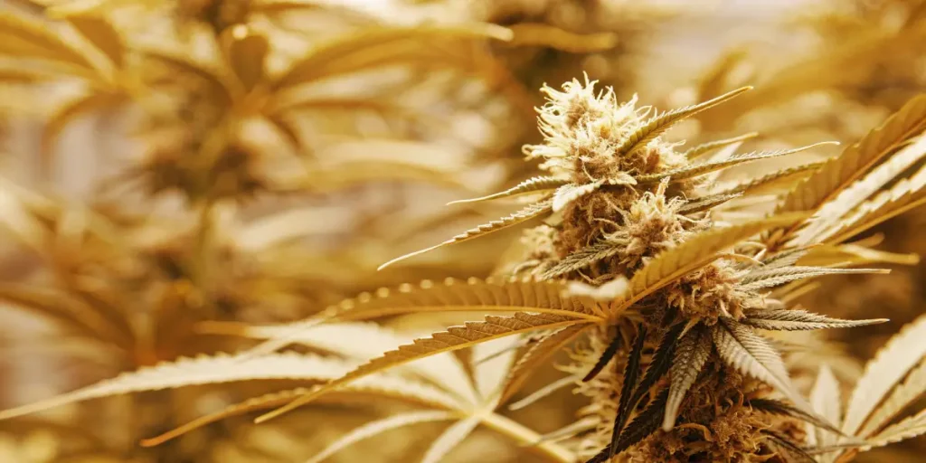 gros plan sur un bourgeon de Blue Grape Fuel en floraison sous lumière dorée.