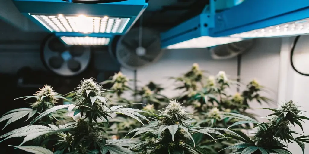 gros plan sur un bourgeon de Blue Colombian Rush recouvert de trichomes et de pistils orange.
