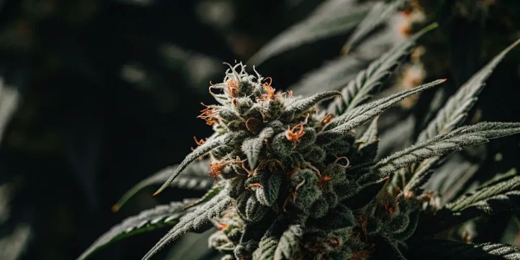gros plan sur une fleur de cannabis mature couverte de trichomes brillants et de pistils orange.
