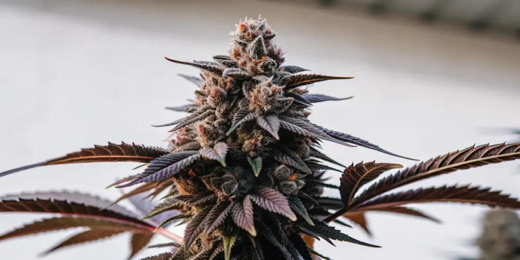 gros plan sur une fleur de cannabis avec des nuances violettes et rouges, couverte de trichomes.