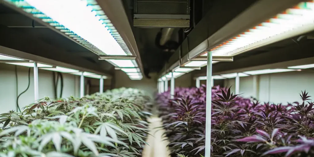 High-tech indoor cannabis cultivation room with advanced LED grow lights and purple-leaf strains.