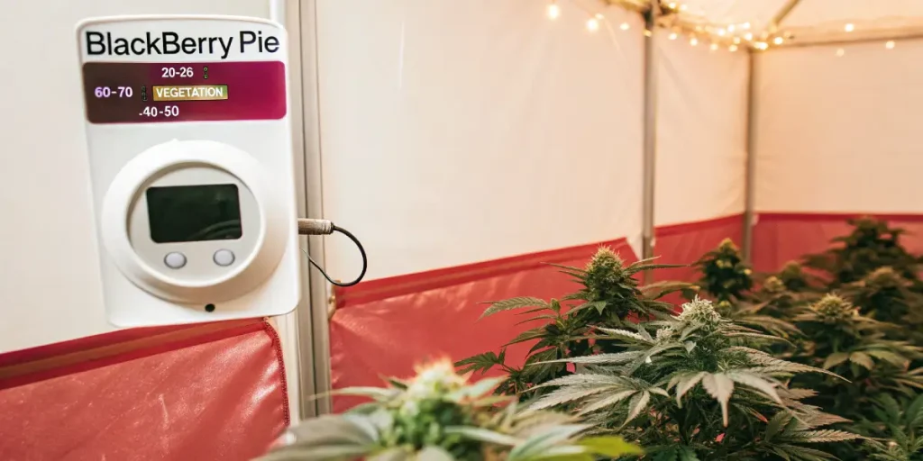 indoor Blackberry Pie cannabis plants growing under controlled tent conditions with humidity and temperature monitor