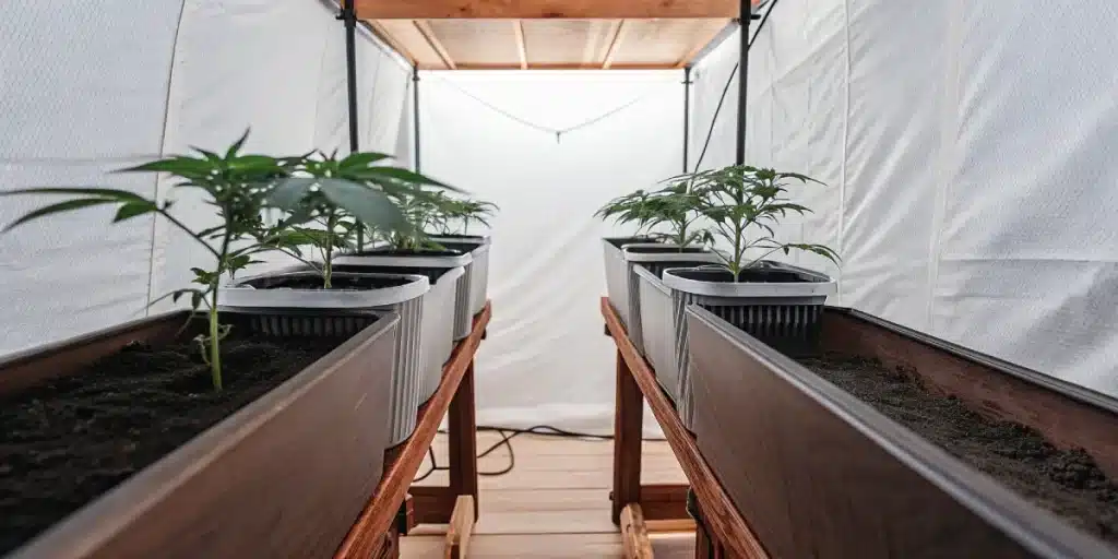 jeunes plants de Blue Colombian Rush cultivés en intérieur dans des bacs en bois sous lumière artificielle.