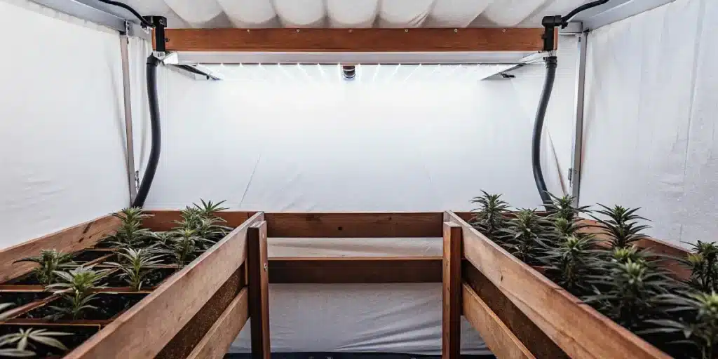 jeunes plants de cannabis cultivés en intérieur dans des bacs en bois sous une lumière LED blanche.