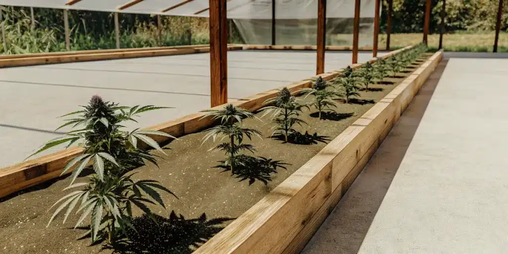 outdoor cannabis garden with plants in wooden raised beds