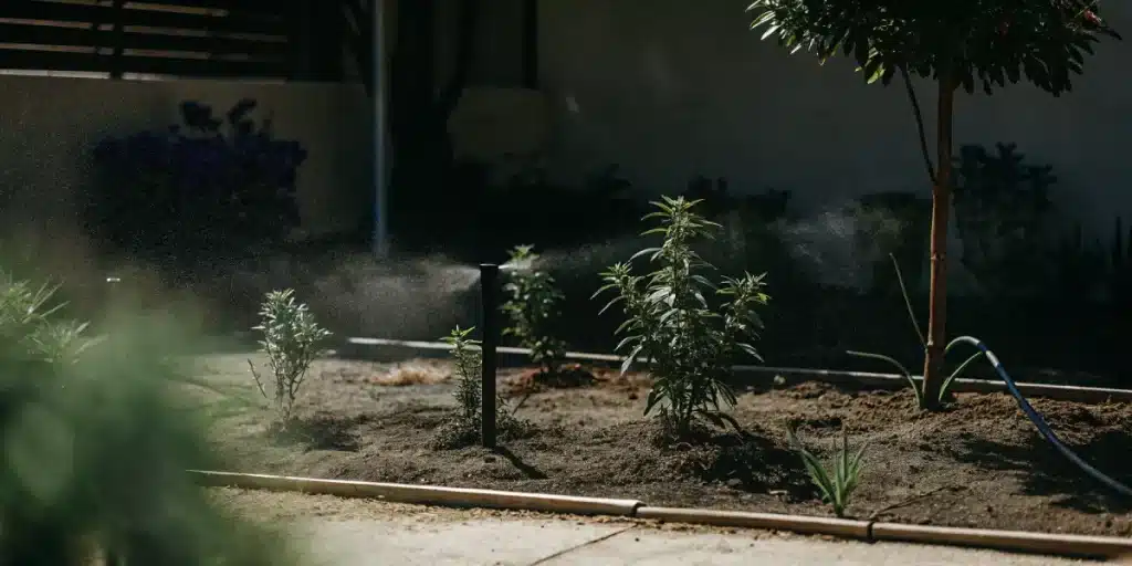 Outdoor cannabis plants growing with an irrigation system spraying water in a backyard garden.