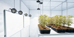 salle de culture intérieure avec jeunes plants de cannabis sous lumière blanche et système de ventilation.