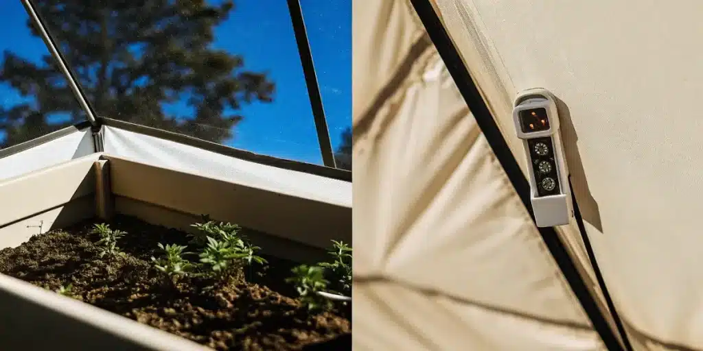 Serre moderne pour la culture du cannabis avec jeunes plants et capteur climatique.