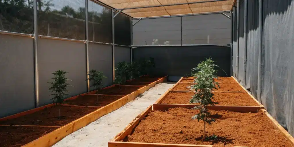serre extérieure contenant des plants de cannabis cultivés dans des bacs de culture en terre rouge.