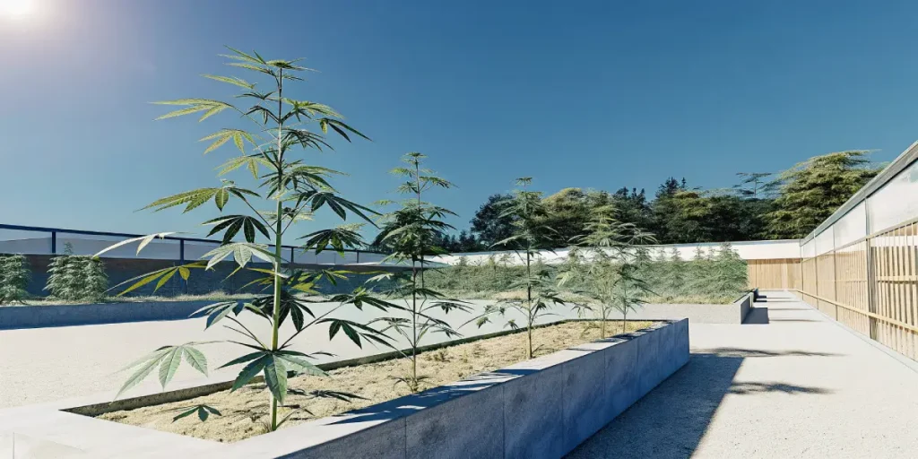 tall cannabis plants in a modern outdoor cultivation facility