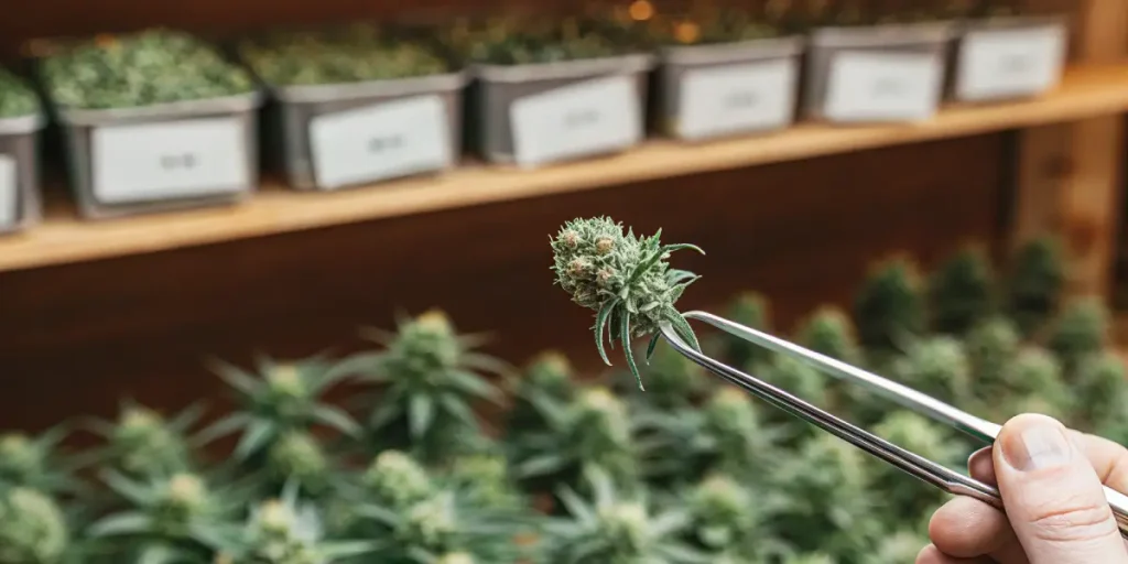 bourgeon de cannabis observé avec une pince dans un laboratoire de contrôle.