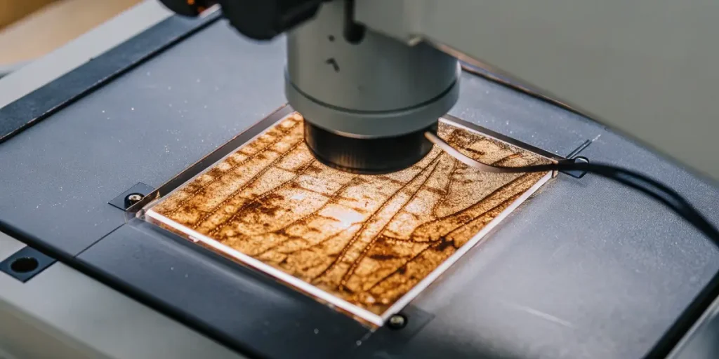 Analyse microscopique de tissus de cannabis montrant clairement les canaux laticifères.