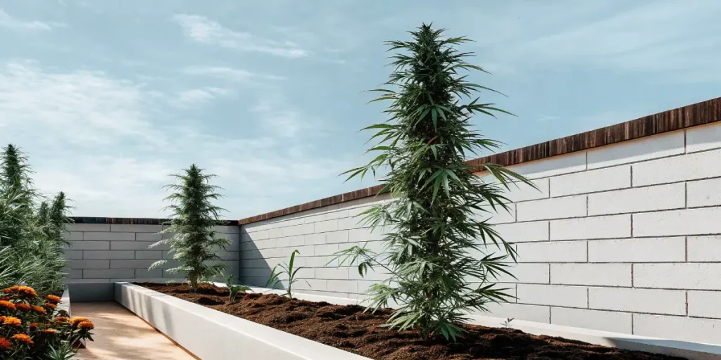 plants de cannabis Bruce Banner #2 cultivés sur une terrasse ensoleillée.