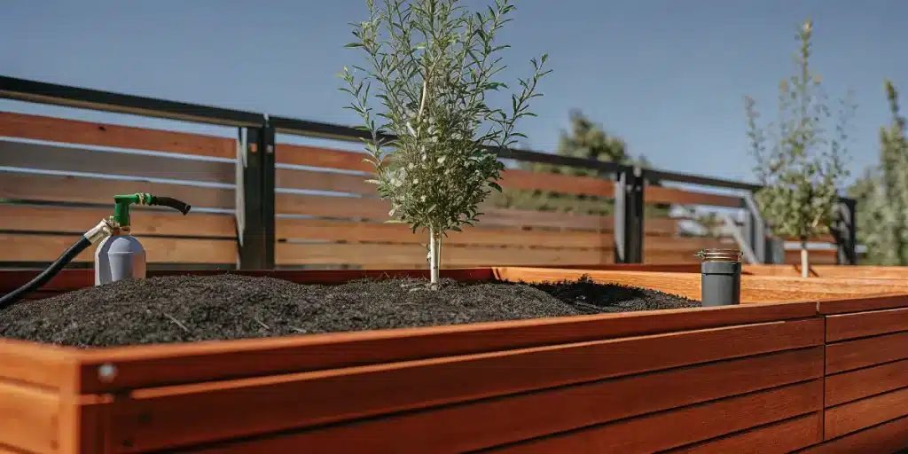jeune plant de cannabis Blueberry Auto cultivé dans un bac surélevé en extérieur.