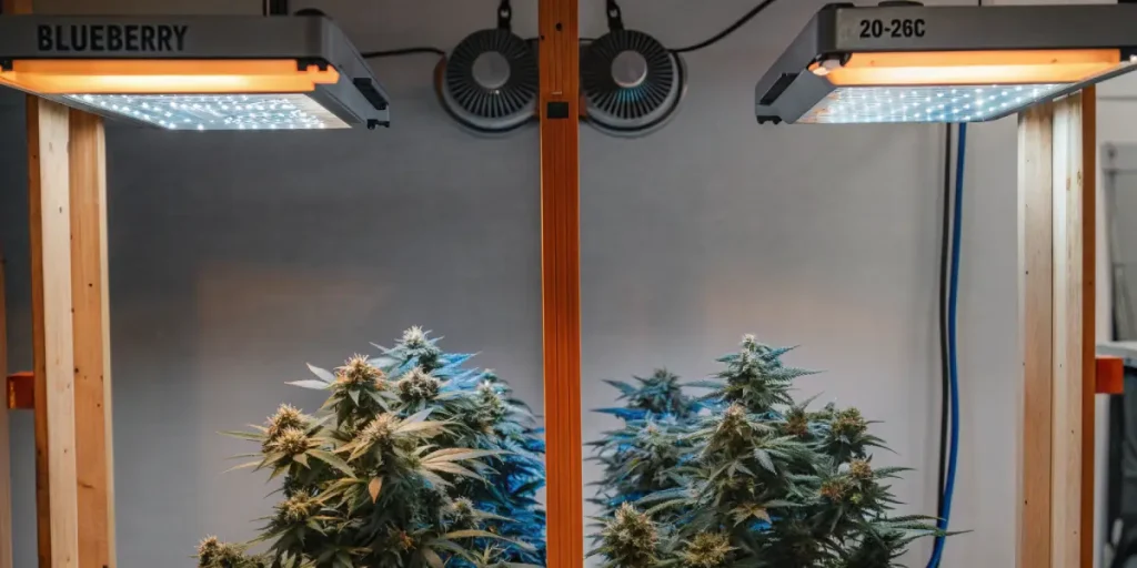 culture intérieure de cannabis Blueberry sous éclairage LED.