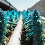 culture extérieure de cannabis avec des plantes bleues exotiques alignées.