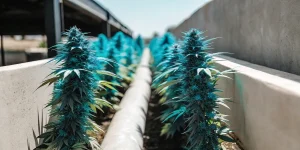 culture extérieure de cannabis avec des plantes bleues exotiques alignées.