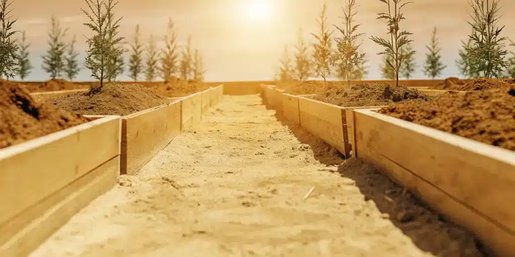 jeunes plants de cannabis cultivés en extérieur sous un soleil couchant.