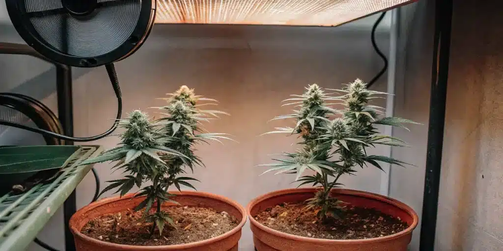 culture intérieure de cannabis dans des pots en terre cuite sous lumière chaude.