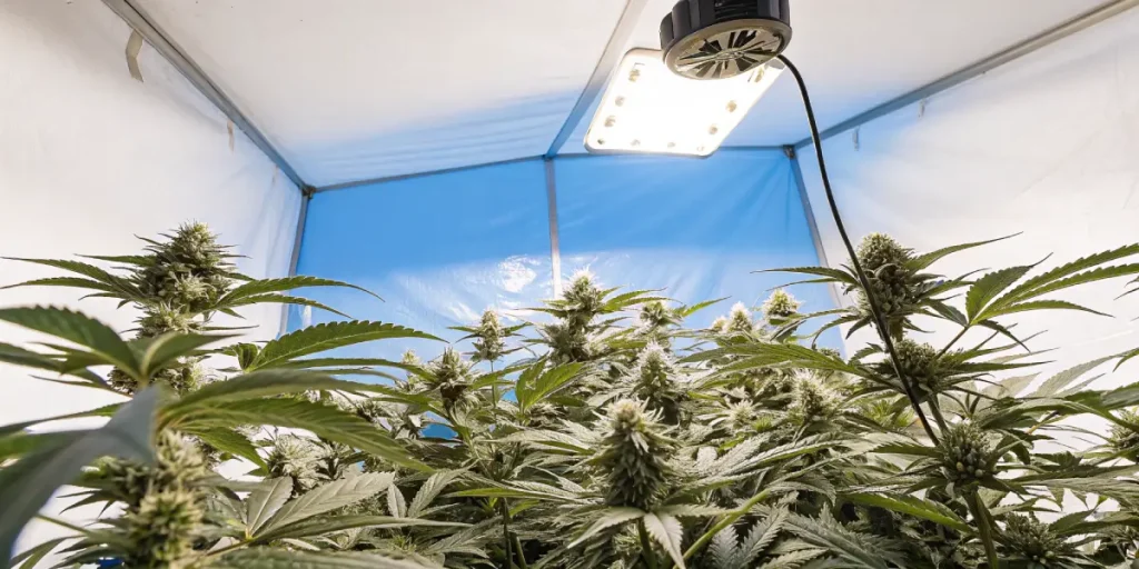 culture de cannabis en intérieur éclairée par lampe LED moderne.