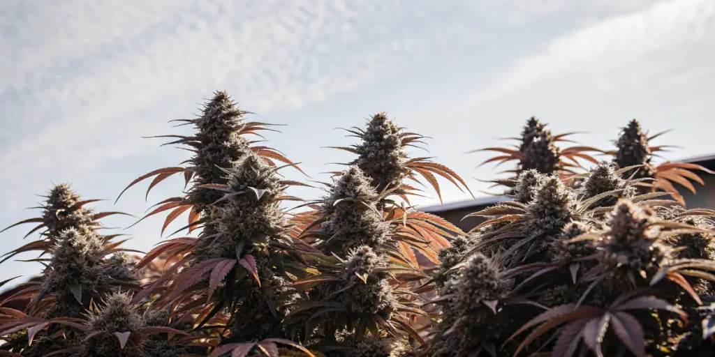 plants de cannabis Blueberry en extérieur avec feuilles rouges et ciel clair.