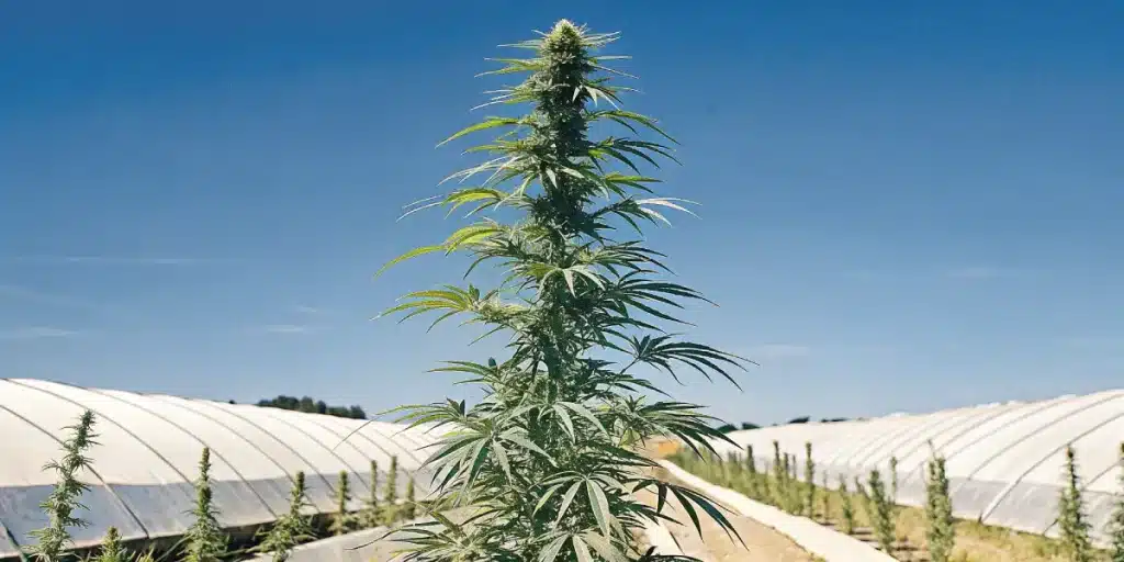 grand plant de cannabis Bruce Banner #2 cultivé à l’extérieur près de serres.