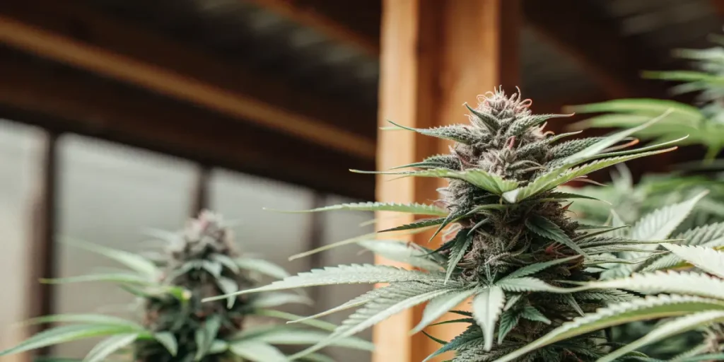 plantes de cannabis en floraison avec feuilles foncées cultivées en extérieur.