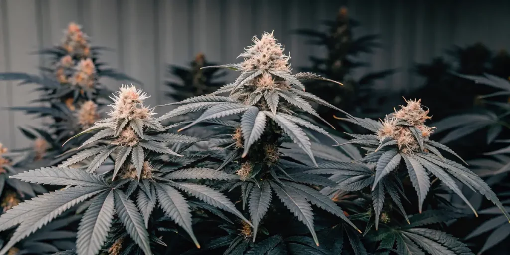 plantes de cannabis en floraison avec feuilles foncées cultivées en extérieur.