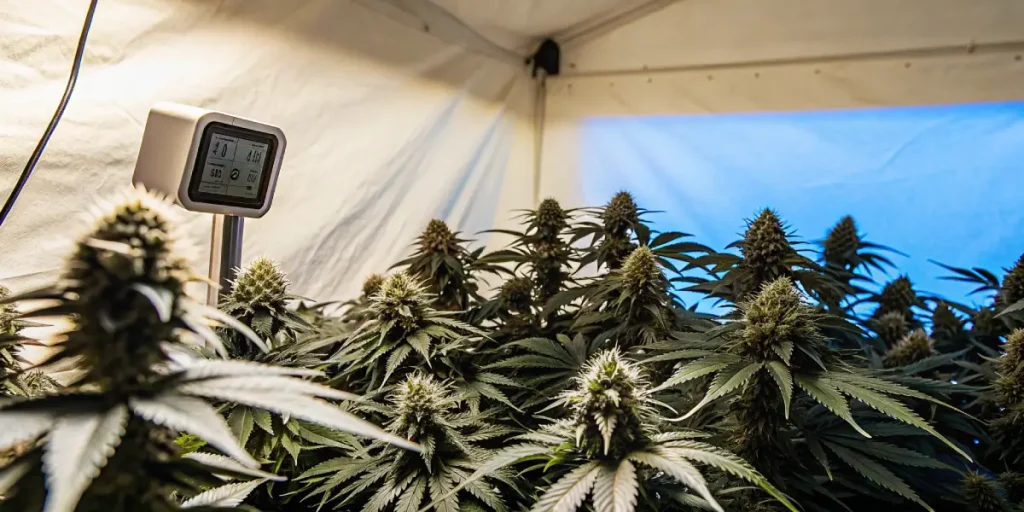 culture intérieure de cannabis avec capteur de température et d’humidité.