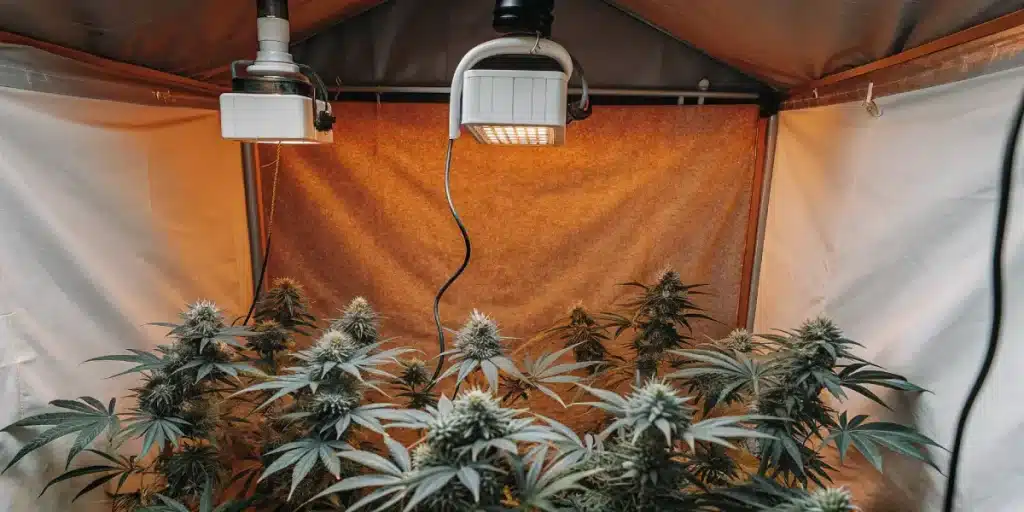 culture de cannabis en intérieur sous lampe LED à lumière chaude.