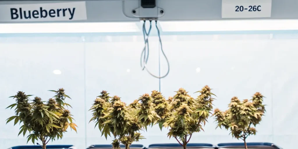 plants de cannabis Blueberry cultivés sous lampe LED à température contrôlée.