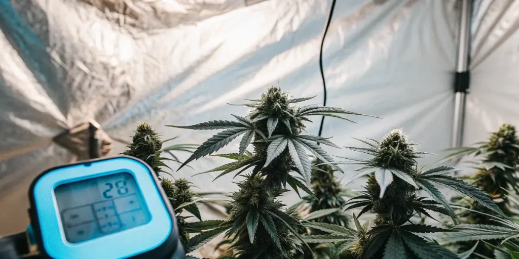 plants de Bruce Banner #2 cultivés en intérieur avec thermomètre numérique.