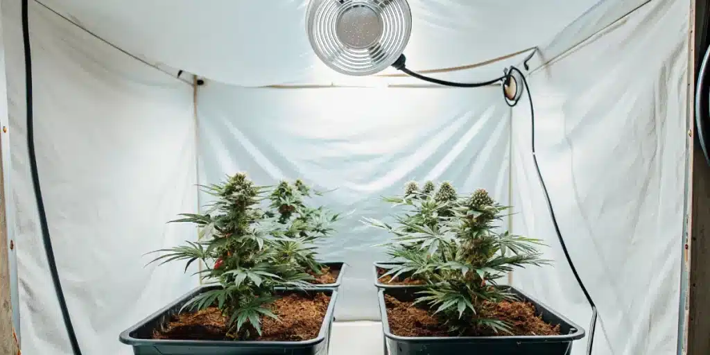 culture intérieure de cannabis avec pots rectangulaires et éclairage blanc.