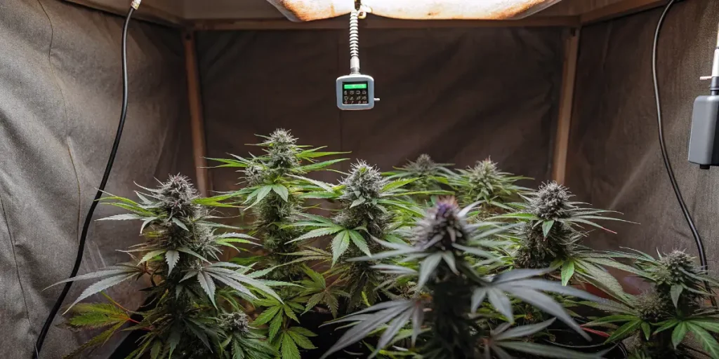 culture intérieure de cannabis sous éclairage chaud avec plantes en pleine floraison.