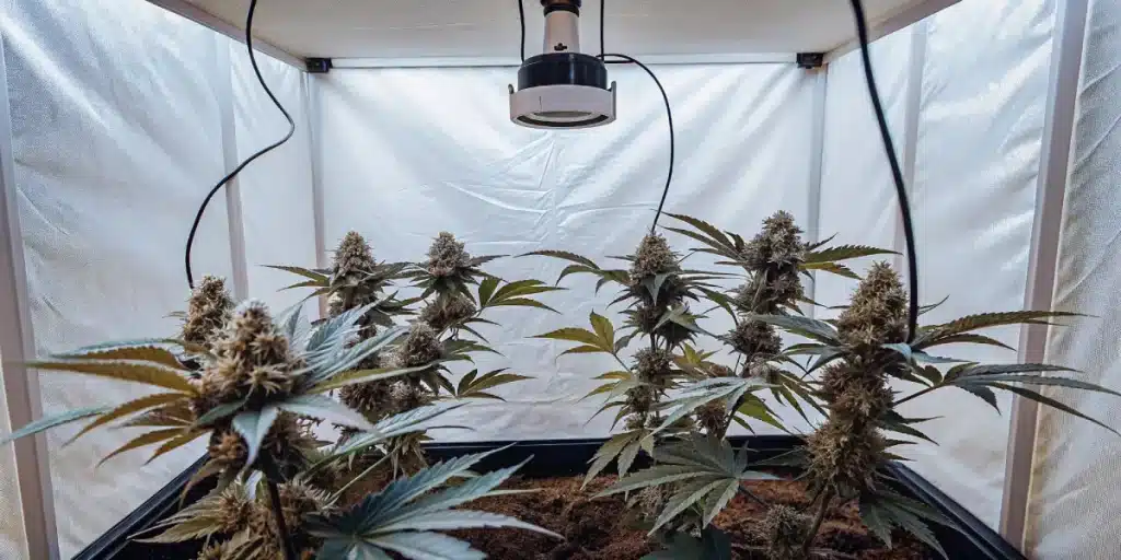 culture intérieure de cannabis avec lampe suspendue et plantes en floraison.
