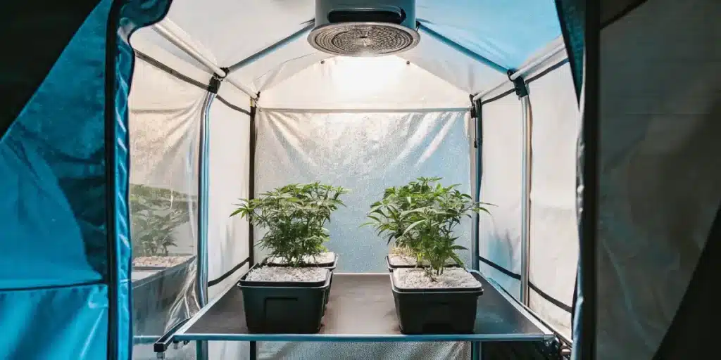 culture intérieure de cannabis avec pots noirs et éclairage LED.