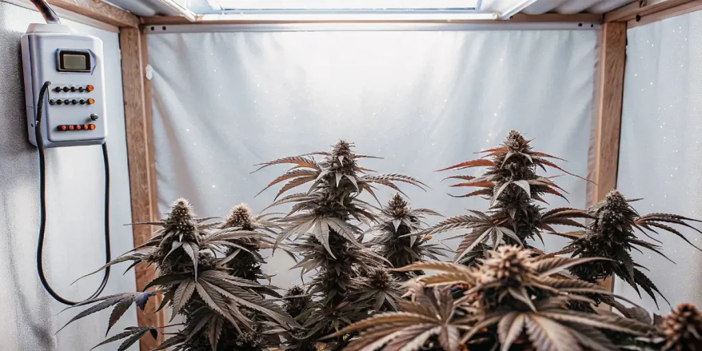 culture intérieure de cannabis avec système automatisé et éclairage blanc.